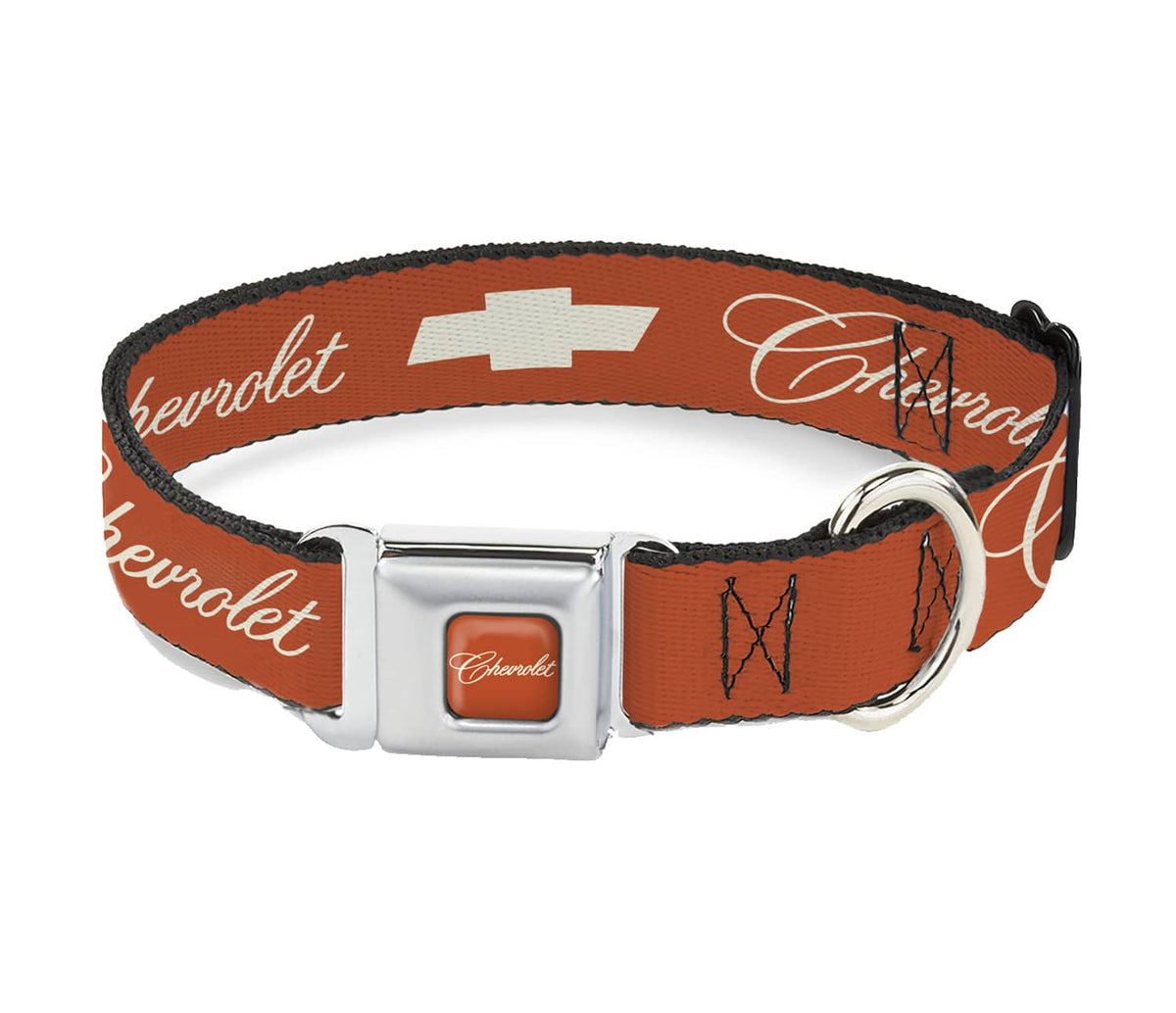 CHEVROLET SCRIPT ORANGE/WHITE SEATBELT BUCKLE DOG COLLAR