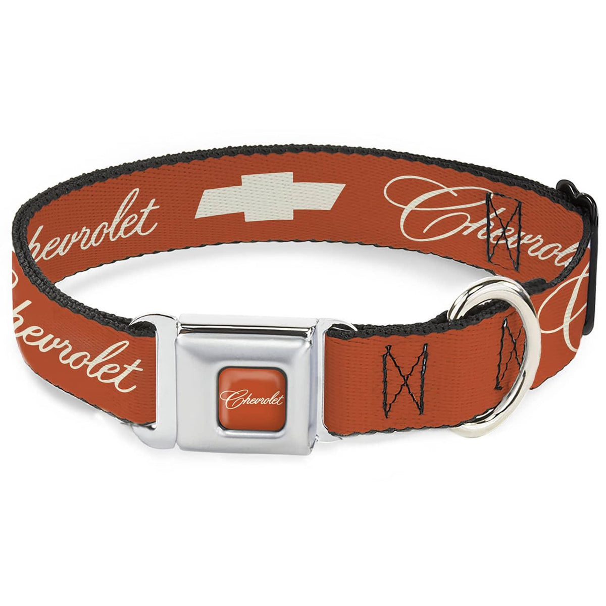 1.5" CHEVROLET SCRIPT ORANGE/WHITE SEATBELT BUCKLE DOG COLLAR