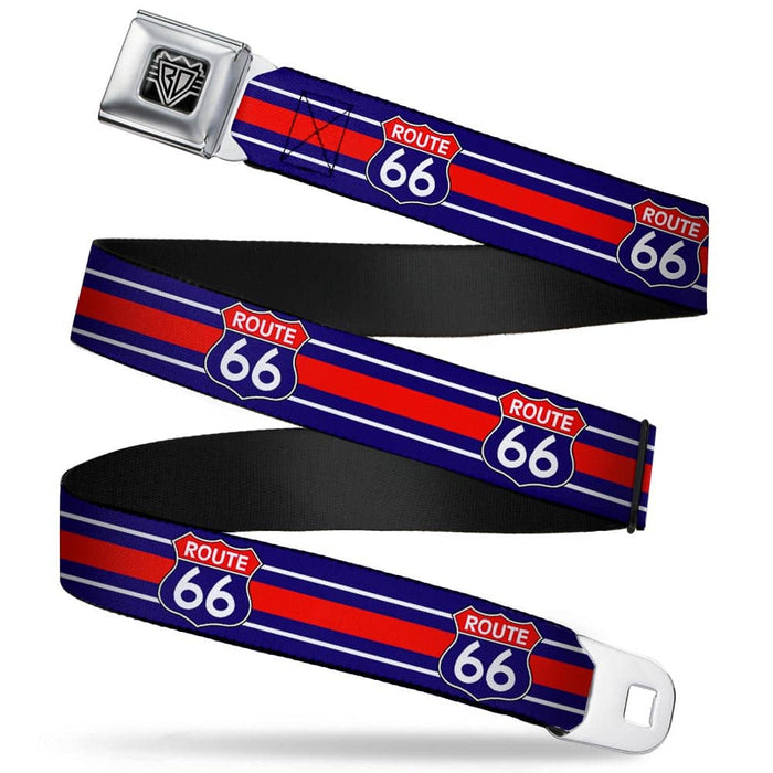 BD WINGS LOGO CLOSE-UP FULL COLOR BLACK SILVER SEATBELT BELT - ROUTE 66 HIGHWAY SIGN/STRIPE BLUE/WHITE/RED WEBBING