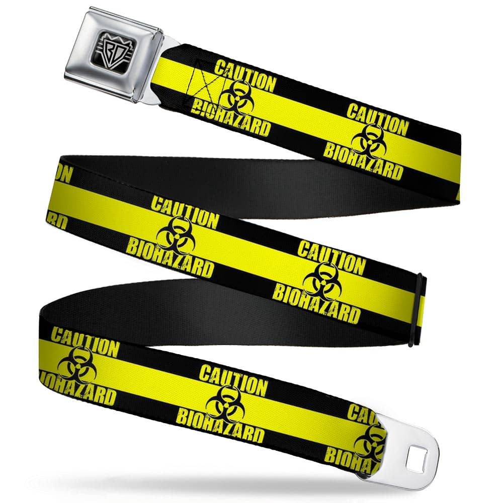 BD WINGS LOGO CLOSE-UP FULL COLOR BLACK SILVER SEATBELT BELT - CAUTION BIOHAZARD BLACK/YELLOW WEBBING
