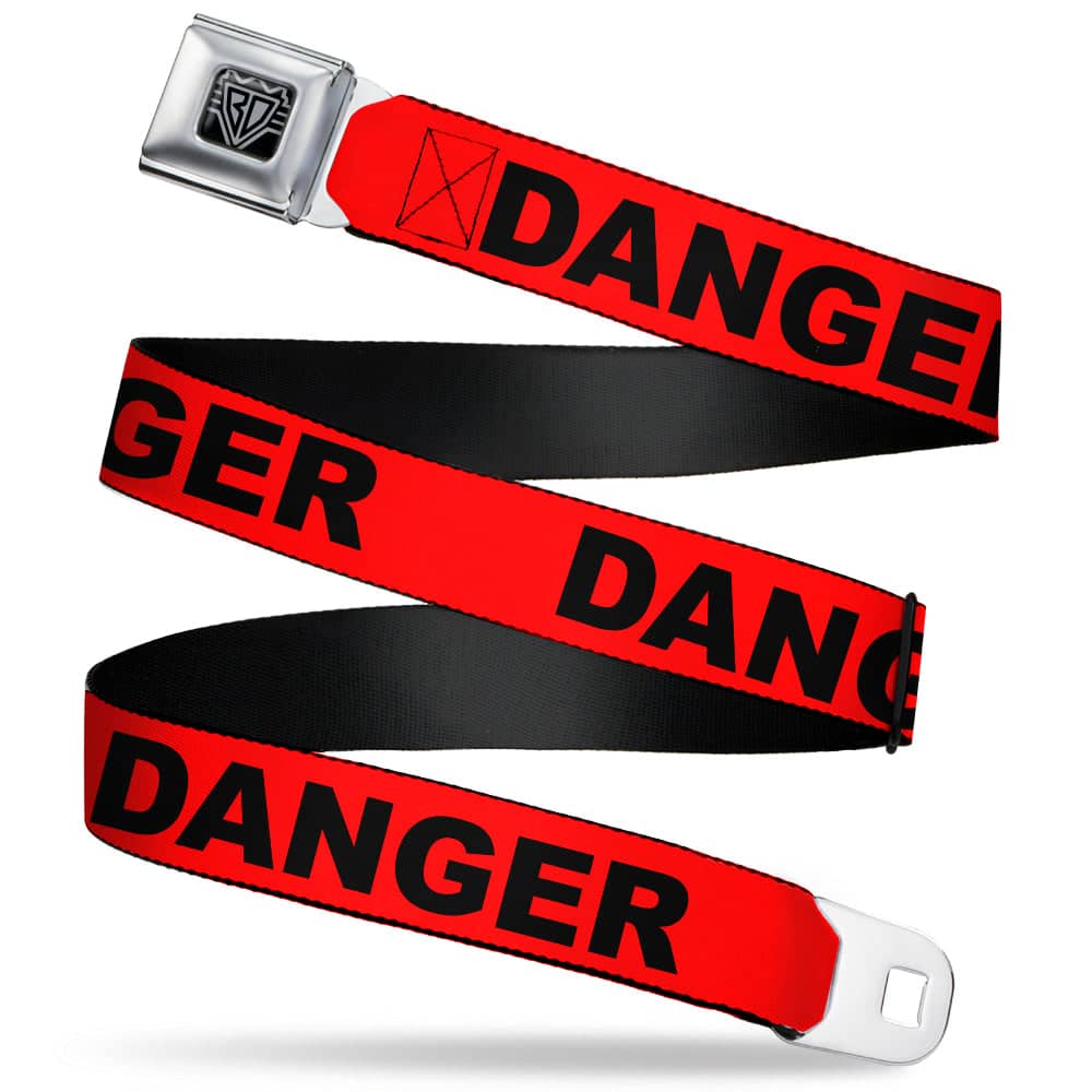 BD WINGS LOGO CLOSE-UP BLACK/SILVER SEATBELT BELT - DANGER TEXT RED/BLACK WEBBING