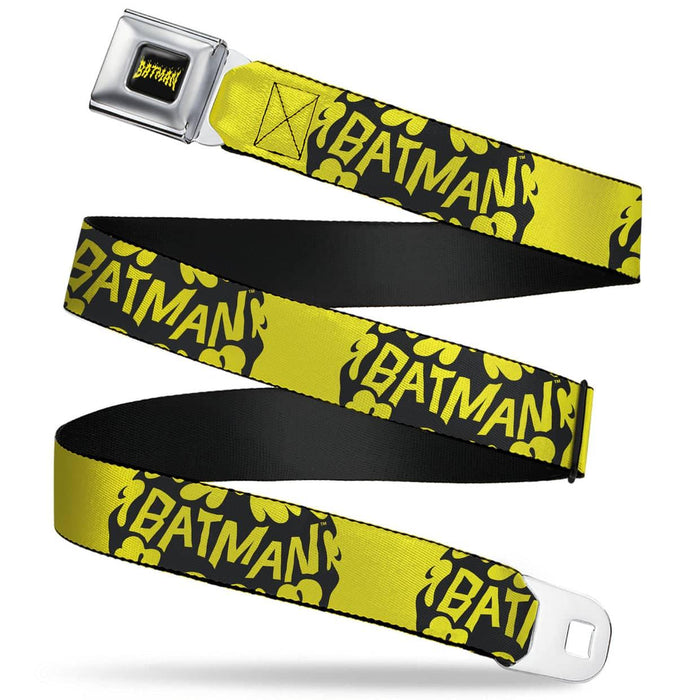 BATMAN FLAME TEXT FULL COLOR BLACK/YELLOW SEATBELT BELT - BATMAN BAT SIGNAL TEXT YELLOW/BLACK WEBBING