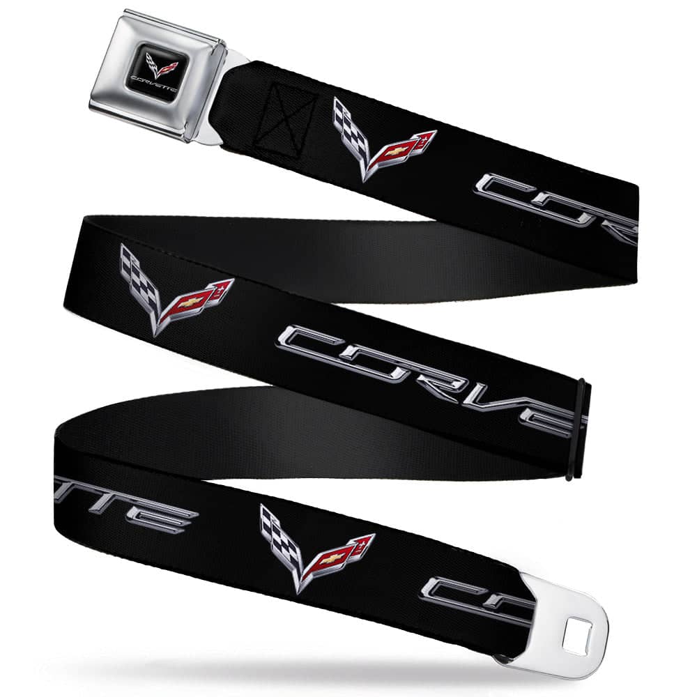 C7 FULL COLOR BLACK SEATBELT BELT - CORVETTE/C7 LOGO BLACK/SILVER/RED WEBBING