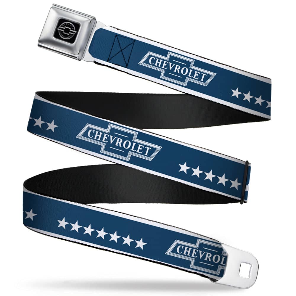CHEVY SEATBELT BELT - CHEVROLET BOWTIE/STARS BLUE/WHITE WEBBING