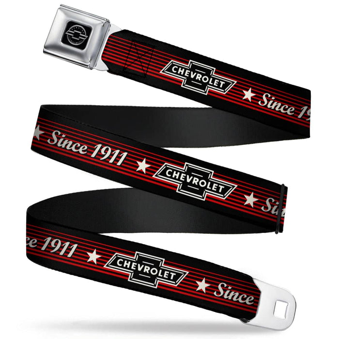 CHEVY SEATBELT BELT - VINTAGE CHEVROLET BOWTIE SINCE 1911/STARS STRIPE BLACK/RED/IVORY (1934 LOGO) WEBBING