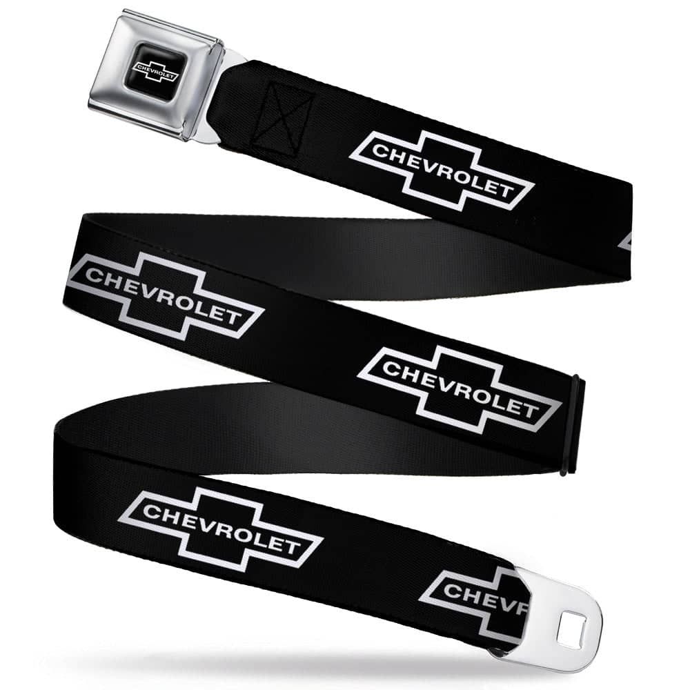 1965 CHEVROLET BOWTIE FULL COLOR BLACK WHITE SEATBELT BELT - 1965 CHEVROLET BOWTIE BLACK/WHITE WEBBING