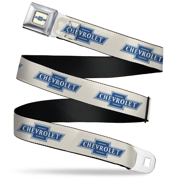CHEVROLET 1940 BOWTIE TEXT LOGO FULL COLOR WHITE/BLUES SEATBELT BELT - CHEVROLET 1940 BOWTIE TEXT LOGO WHITE/BLUES WEBBING