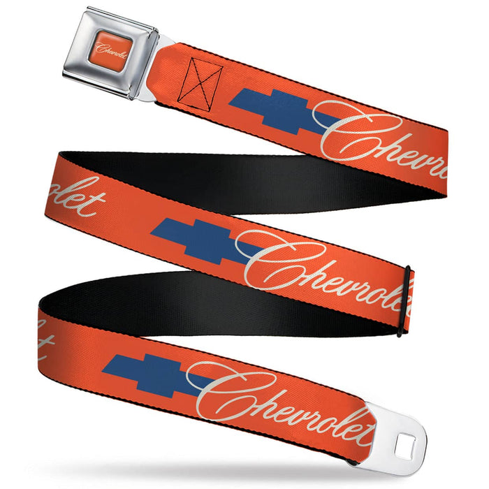 CHEVROLET SCRIPT FULL COLOR ORANGE/WHITE/BLUE SEATBELT BELT - CHEVROLET SCRIPT AND BOWTIE ORANGE/WHITE/BLUE WEBBING