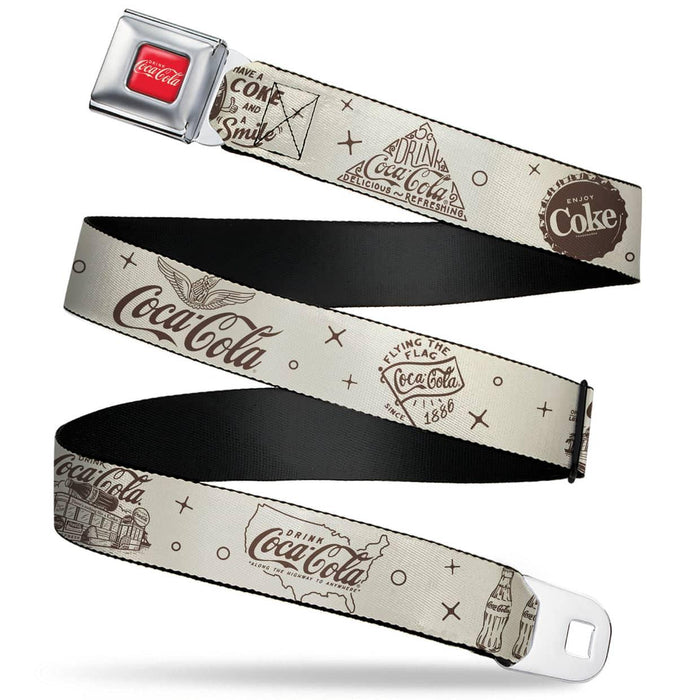 DRINK COCA-COLA LOGO FULL COLOR RED/WHITE  SEATBELT BELT - VINTAGE COCA-COLA COKE ICONS AND AD LOGOS WHITE/BROWN WEBBING