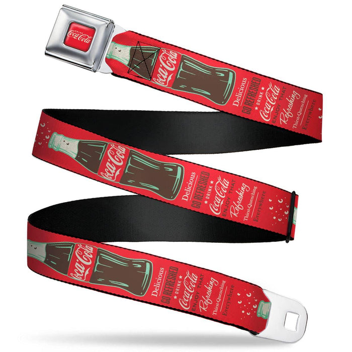 DRINK COCA-COLA LOGO FULL COLOR RED/WHITE  SEATBELT BELT - VINTAGE COCA-COLA DELICIOUS GO REFRESHED TYPOGRAPHY AND BOTTLE RED/BROWN/WHITE WEBBING