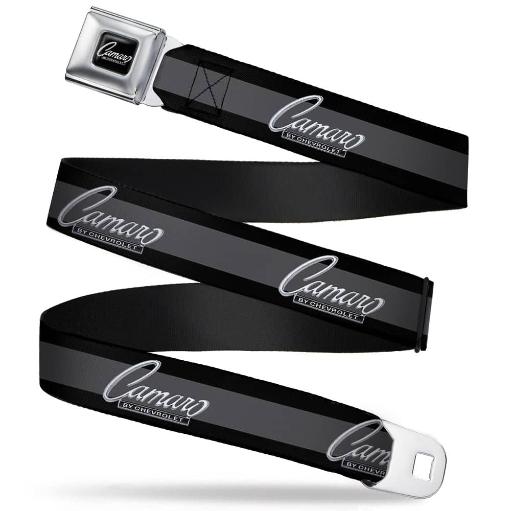 1969 CAMARO BY CHEVROLET EMBLEM FULL COLOR BLACK SILVER SEATBELT BELT - 1969 CAMARO BY CHEVROLET EMBLEM/STRIPE BLACK/GRAY/SILVER WEBBING