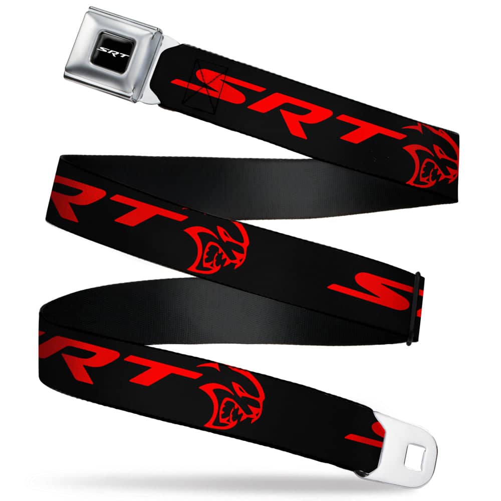 SRT LOGO FULL COLOR BLACK WHITE SEATBELT BELT - DODGE SRT HELLCAT LOGO CLOSE-UP BLACK/RED WEBBING