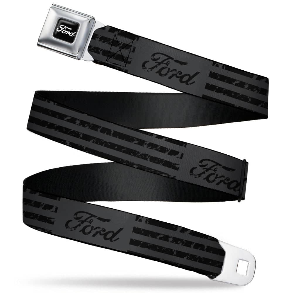 FORD SCRIPT FULL COLOR BLACK/WHITE SEATBELT BELT - FORD SCRIPT STRIPE BLOCKS WEATHERED GRAY/BLACK WEBBING