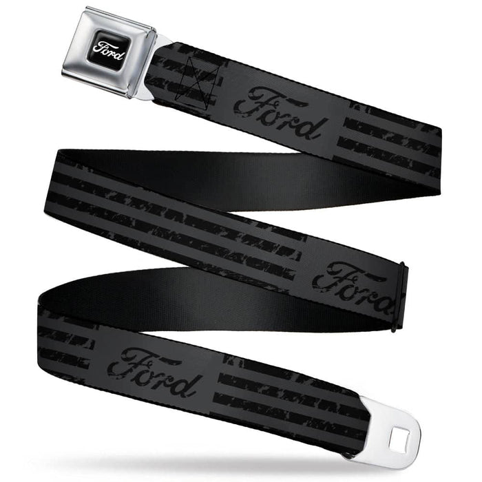 FORD SCRIPT FULL COLOR BLACK/WHITE SEATBELT BELT - FORD SCRIPT STRIPE BLOCKS WEATHERED GRAY/BLACK WEBBING