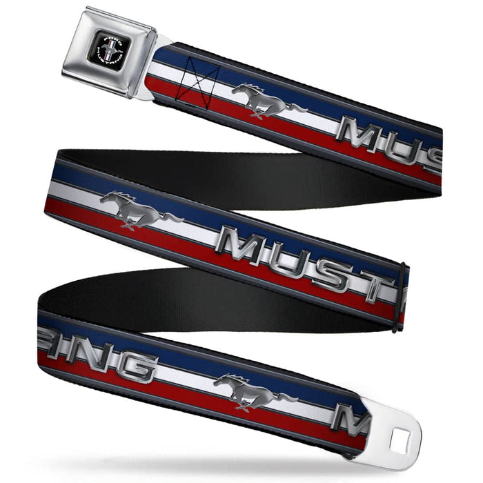FORD MUSTANG TRI-BAR LOGO FULL COLOR BLACK WHITE SILVER RED BLUE SEATBELT BELT - MUSTANG/TEXT W/TRI-BAR STRIPE WEBBING
