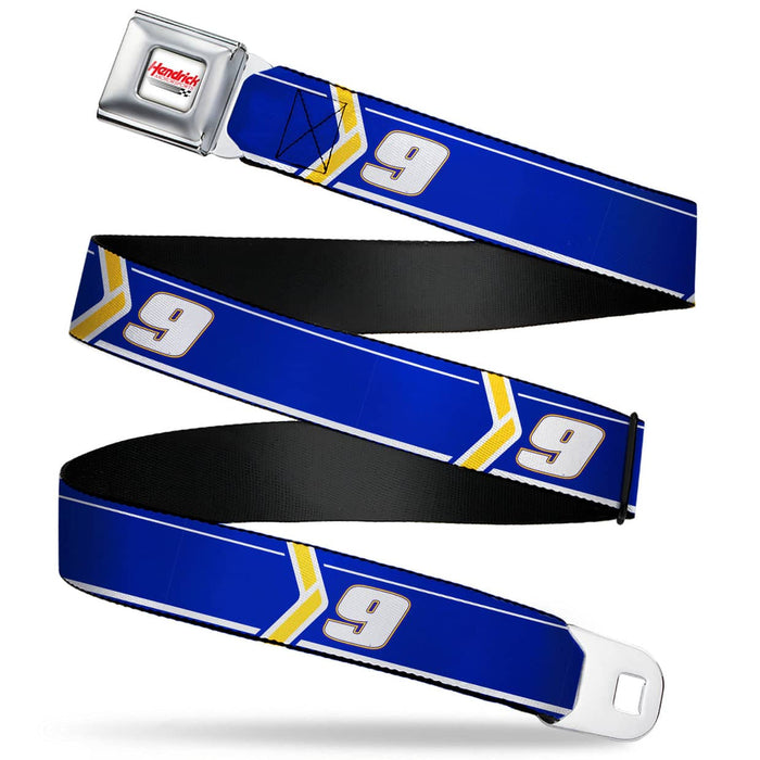 HENDRICK MOTORSPORTS LOGO FULL COLOR WHITE/RED SEATBELT BELT - CHASE ELLIOTT #9 CAR SCHEME BLUE/YELLOW/WHITE WEBBING