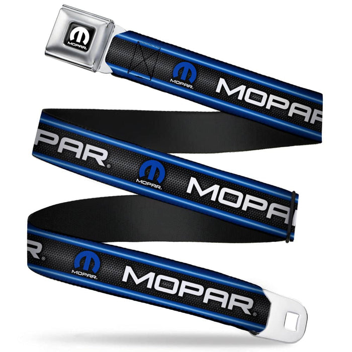 MOPAR LOGO FULL COLOR BLACK WHITE SEATBELT BELT - MOPAR TEXT/LOGO/STRIPE/GRILL BLACK/GRAYS/BLUE GLOW/WHITE WEBBING
