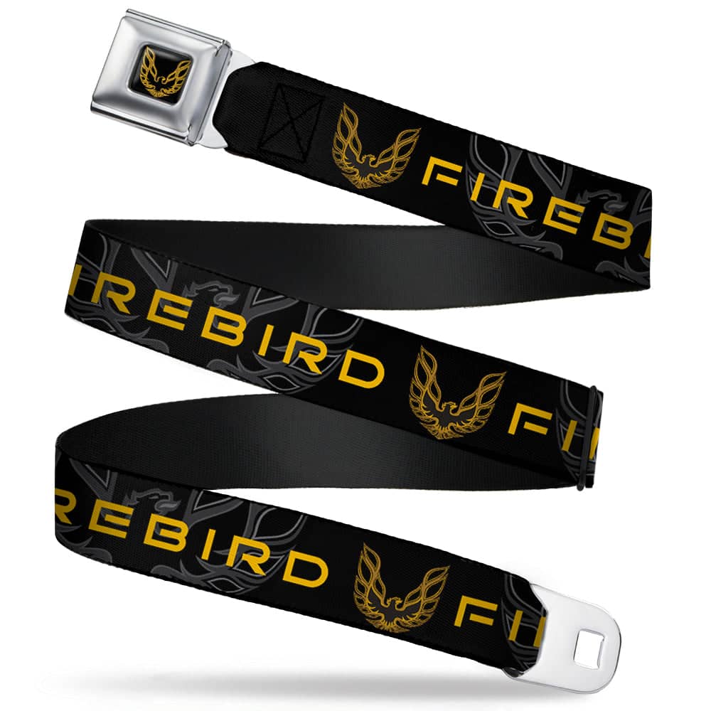 PONTIAC FIREBIRD LOGO FULL COLOR BLACK GOLDS SEATBELT BELT - PONTIAC FIREBIRD/LOGO BLACK/GRAYS/GOLDS WEBBING