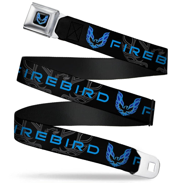 PONTIAC FIREBIRD LOGO FULL COLOR BLACK BLUES SEATBELT BELT - PONTIAC FIREBIRD/LOGO BLACK/GRAYS/BLUES WEBBING