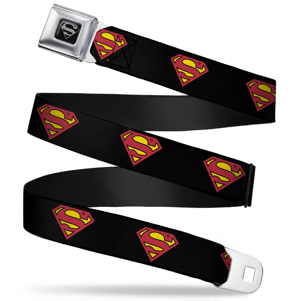 SUPERMAN BLACK SILVER SEATBELT BELT - SUPERMAN SHIELD BLACK WEBBING