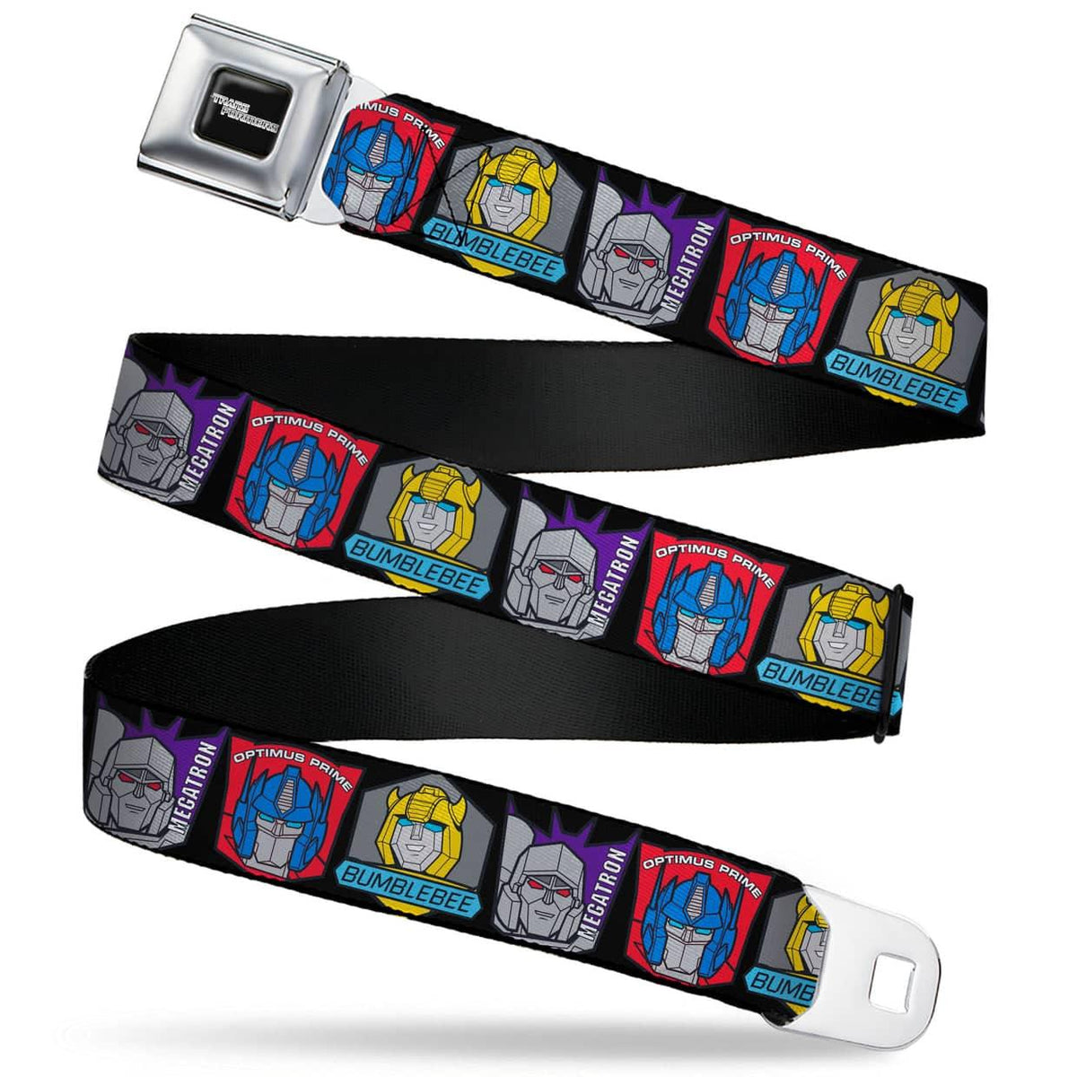 TRANSFORMERS TITLE LOGO FULL COLOR BLACK/GRAYS SEATBELT BELT - TRANSFORMERS CHARACTER TRIO FACE AND NAME ICONS BLACK/MULTI COLOR WEBBING
