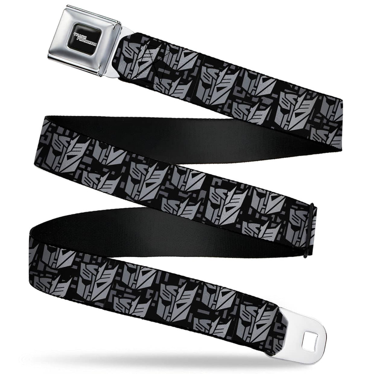 TRANSFORMERS TITLE LOGO FULL COLOR BLACK/GRAYS SEATBELT BELT - TRANSFORMERS AUTOBOT DECEPTICON ICON SPLIT BLACK/GRAYS WEBBING