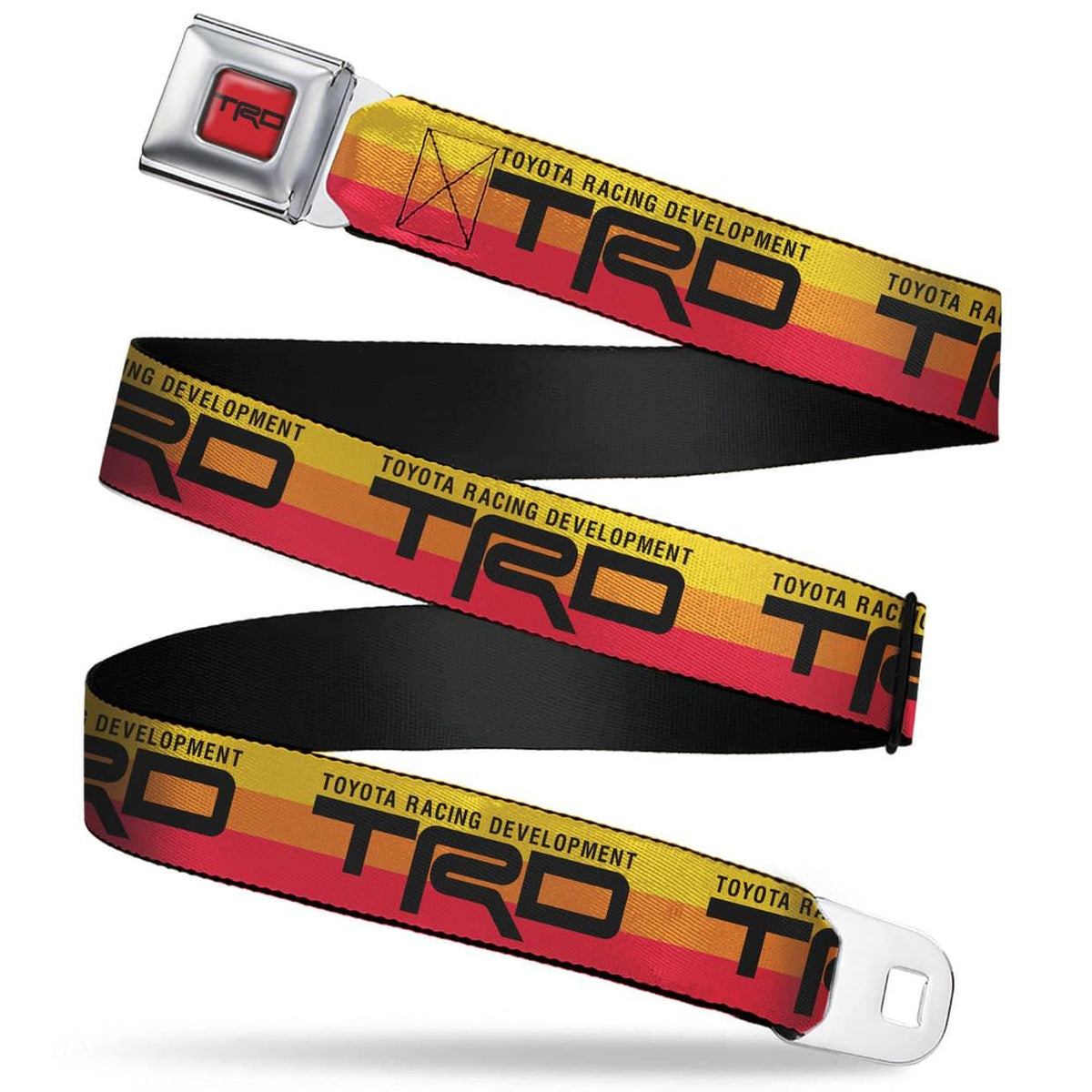 TOYOTA RACING DEVELOPMENT TRD LOGO FULL COLOR ORANGE/BLACK SEATBELT BELT - TOYOTA RACING DEVELOPMENT TRD LOGO RALLY STRIPE SUNSET WEBBING