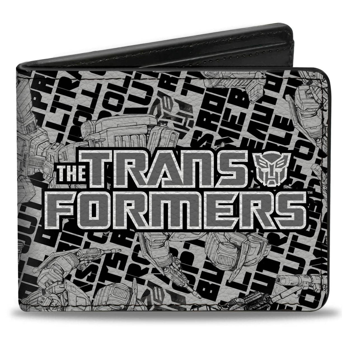BI-FOLD WALLET - THE TRANSFORMERS ROBOTS AND TEXT COLLAGE WHITE/BLACK/GRAY