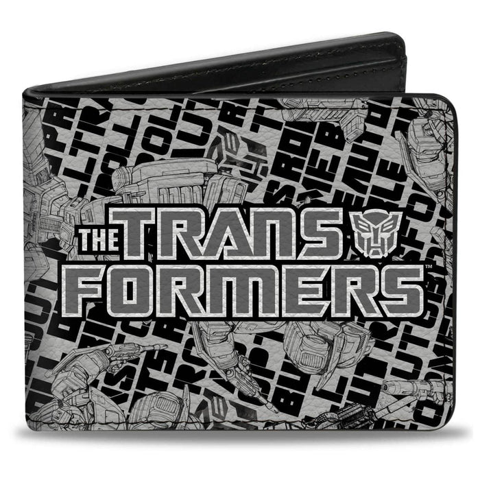 BI-FOLD WALLET - THE TRANSFORMERS ROBOTS AND TEXT COLLAGE WHITE/BLACK/GRAY