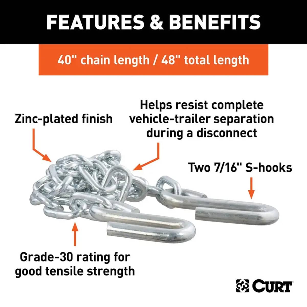 48" Safety Chain with 2 S-Hooks (5,000 lbs, Clear Zinc)