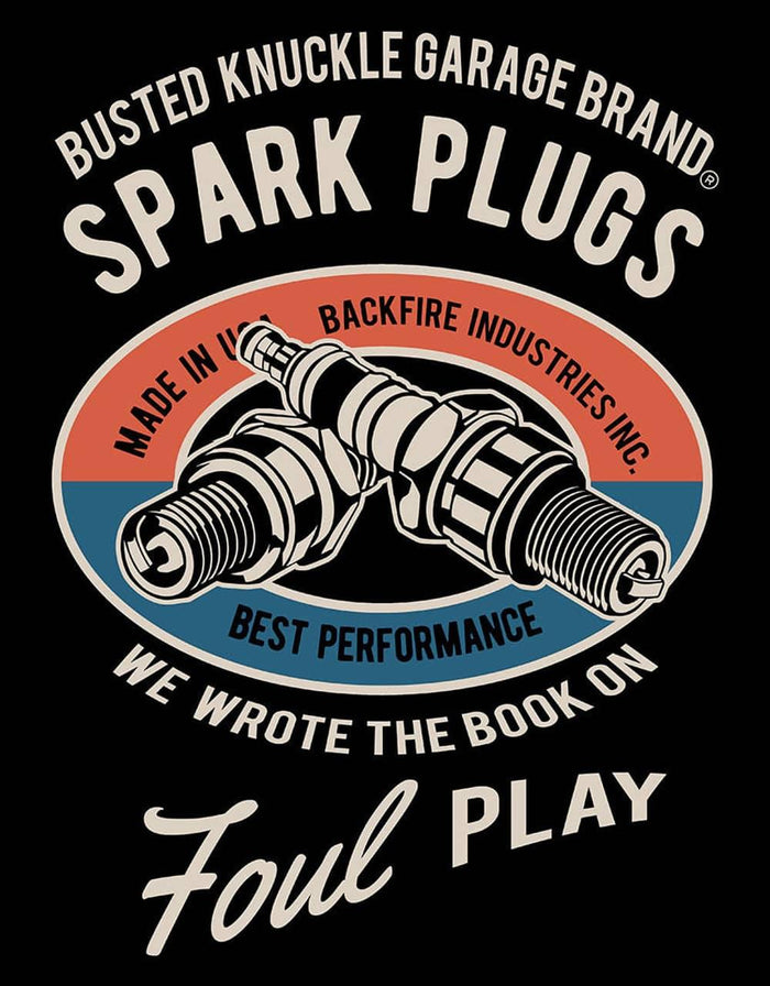 16X12.5" BUSTED KNUCKLE GARAGE SPARK PLUGS TIN SIGN