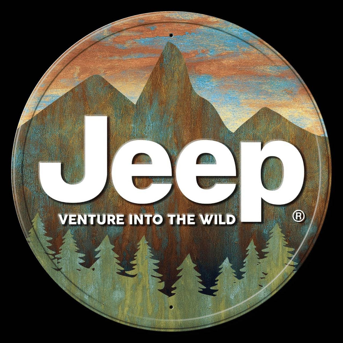 11.75" ROUND JEEP VENTURE INTO THE WILD TIN SIGN