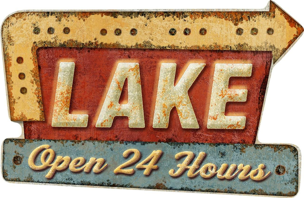 TIN SIGN LAKE OPEN 24 HOURS