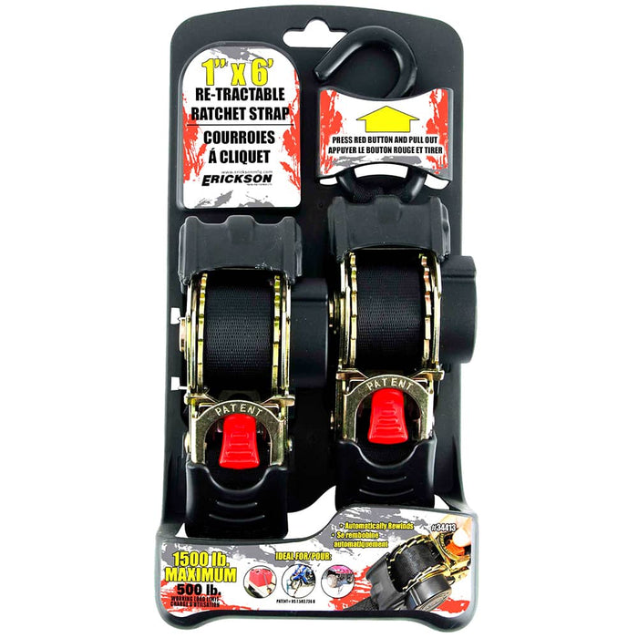 (2) 1"X6' 1500 LB RE-TRACTABLE RATCHET TIE DOWNS BLACK