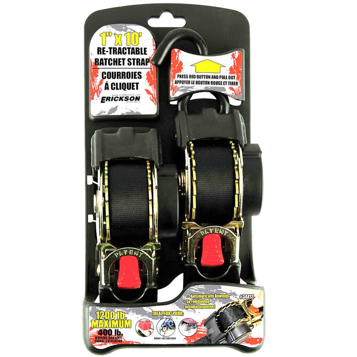 (2) 1"X10' 1200 LB RE-TRACTABLE RATCHET TIE DOWNS BLACK
