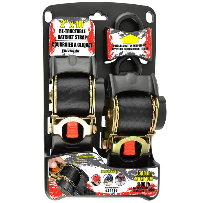 (2) 2"X10' 3300 LB RE-TRACTABLE RATCHET TIE DOWNS BLACK