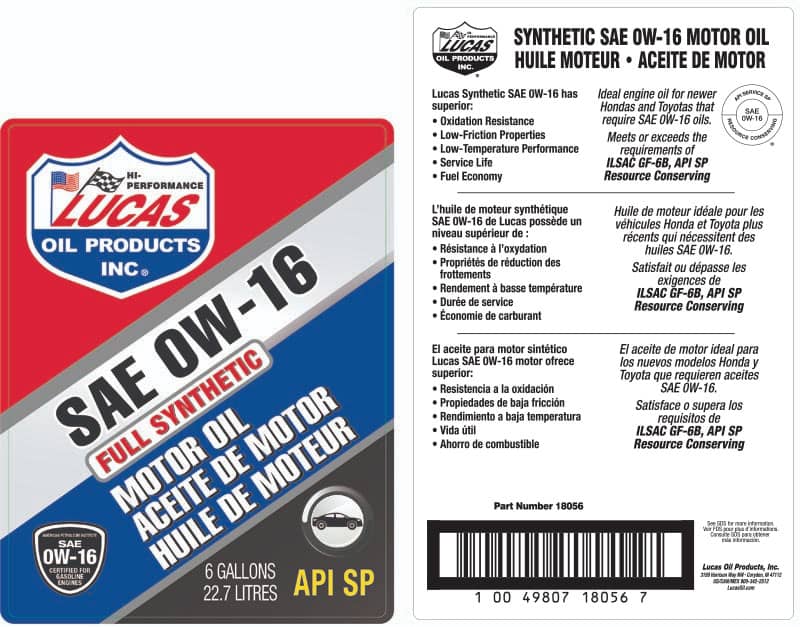 SYN. SAE 0W-16 API SP ILSAC GF-6B ENGINE OIL 6G